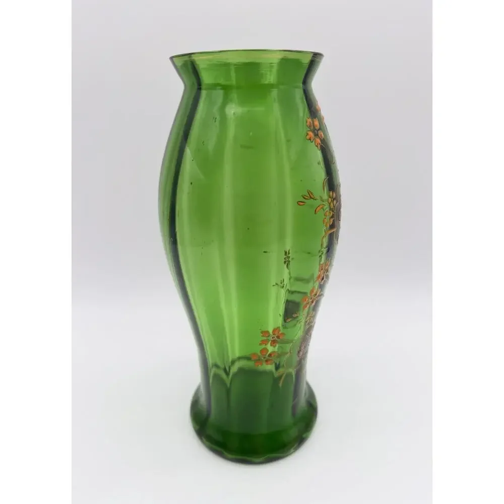 Antique Victorian Green Optic Art Glass Vase 8.5” Hand Painted Orange Florals